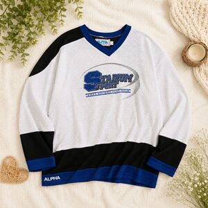 Vintage Alpha Sportswear Stadium Sport Hockey Jersey White Blue Mesh Pullover Si